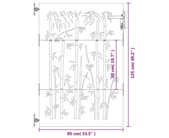 Poartă pentru grădină, 85x125 cm, oțel corten, model bambus, 10 image