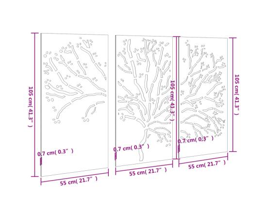 Decorațiuni perete de grădină 3 buc. 105x55 cm oțel model copac, 8 image