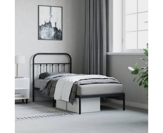 Cadru de pat metalic cu tăblie, negru, 90x190 cm, 4 image