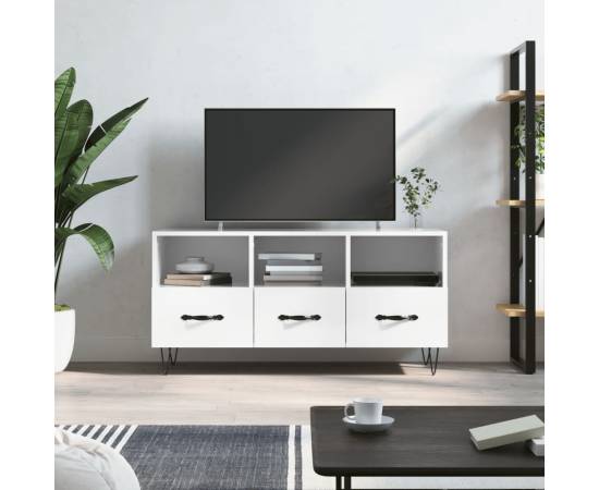 Comodă tv, alb extralucios, 102x36x50 cm, lemn prelucrat