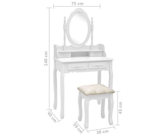 Set masă de toaletă cu taburet alb 75x69x140 cm lemn paulownia, 11 image