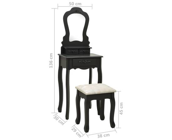 Set masă de toaletă cu taburet negru 50x59x136 cm paulownia, 11 image