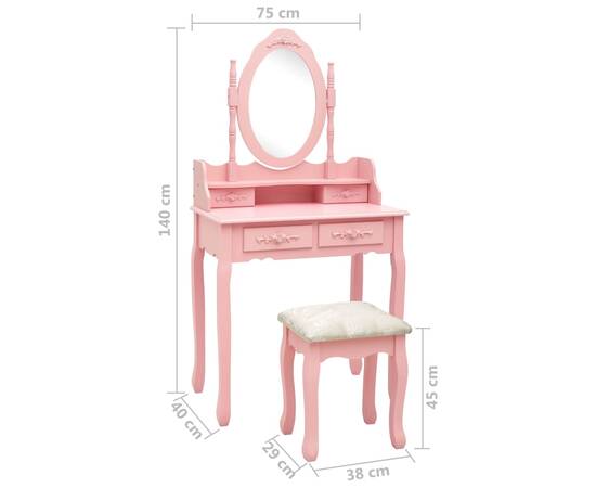 Set masă de toaletă cu taburet roz 75x69x140 cm lemn paulownia, 11 image