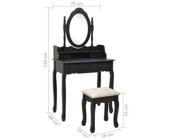 Set masă toaletă cu taburet negru 75x69x140 cm lemn paulownia, 11 image