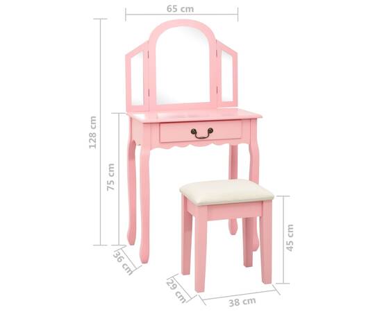 Masă toaletă cu taburet, roz, 65x36x128 cm, lemn paulownia, mdf, 11 image