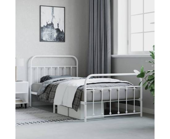 Cadru de pat metalic cu tăblie de cap/picioare, alb, 107x203 cm, 4 image