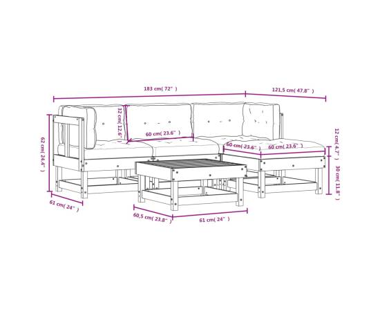 Set mobilier de grădină cu perne, 5 piese, alb, lemn masiv, 9 image