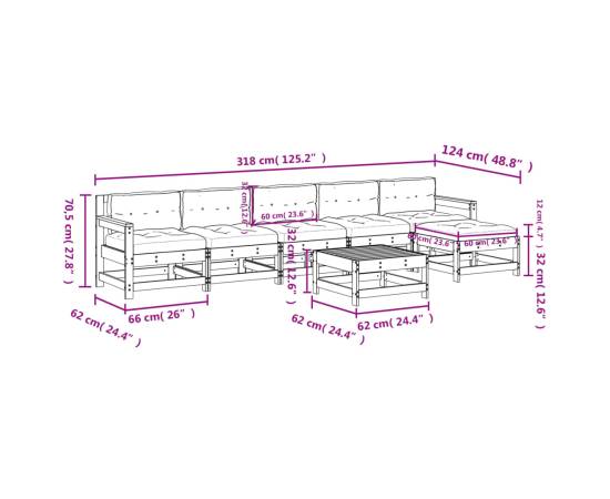 Set mobilier de grădină cu perne, 7 piese, alb, lemn masiv, 9 image