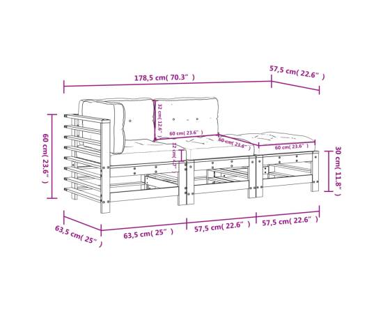 Set mobilier de grădină cu perne, 3 piese, alb, lemn masiv, 9 image