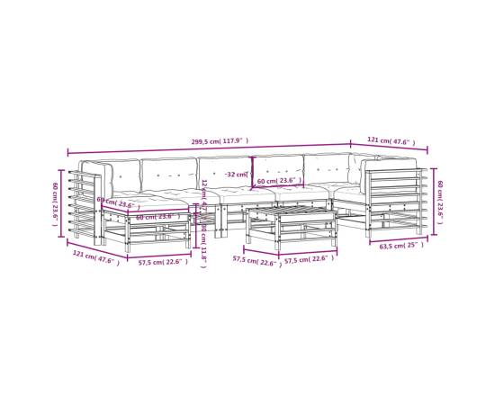 Set mobilier de grădină cu perne, 8 piese, alb, lemn masiv, 9 image