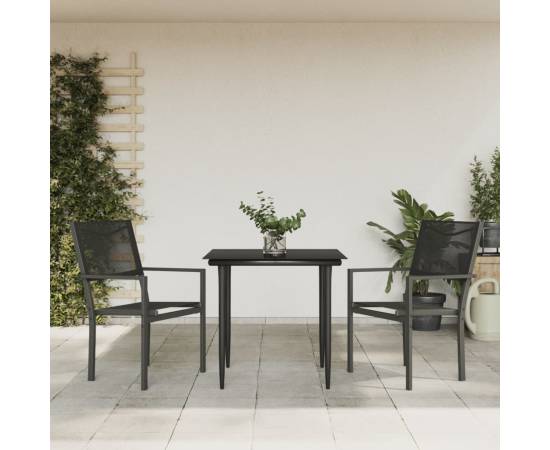 Set mobilier de grădină, 3 piese, negru, textilenă și oțel