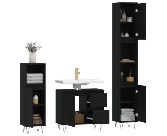 Set mobilier de baie, 3 piese, negru, lemn compozit, 4 image