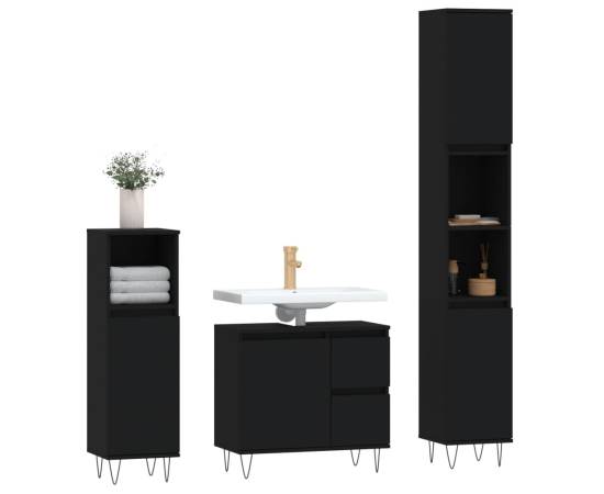 Set mobilier de baie, 3 piese, negru, lemn compozit, 3 image