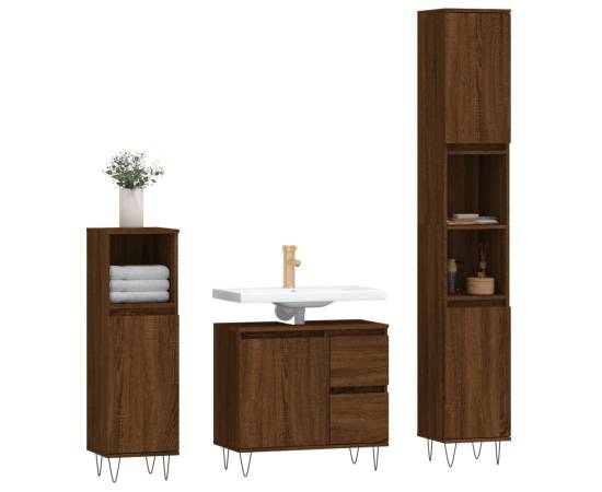 Set mobilier de baie, 3 piese, stejar maro, lemn prelucrat, 3 image