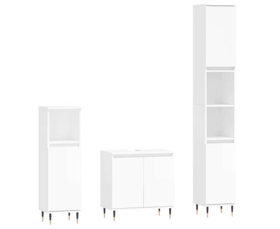 Set mobilier de baie, 3 piese, alb extralucios, lemn compozit, 2 image