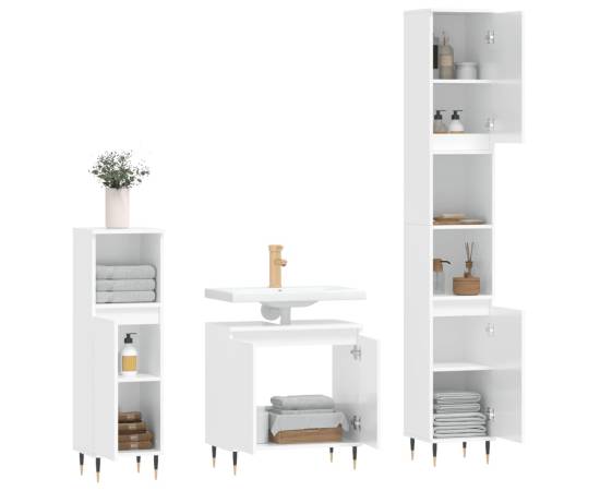 Set mobilier de baie, 3 piese, alb extralucios, lemn compozit, 4 image