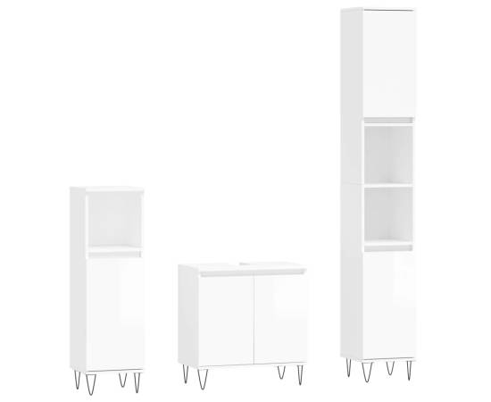 Set mobilier de baie, 3 piese, alb extralucios, lemn compozit, 2 image