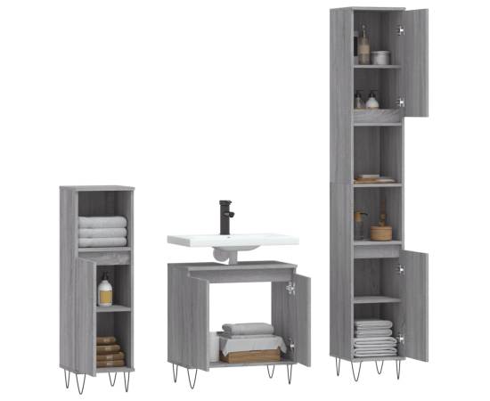 Set mobilier de baie, 3 piese, gri sonoma, lemn prelucrat, 4 image