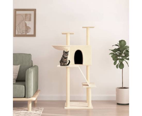 Ansamblu de pisici cu stâlpi din funie de sisal, crem, 143 cm