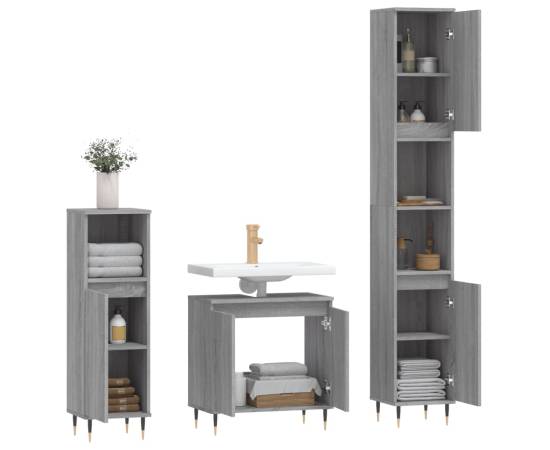 Set mobilier de baie, 3 piese, gri sonoma, lemn prelucrat, 4 image