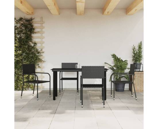 Set mobilier de grădină, 5 piese, negru, poliratan și oțel