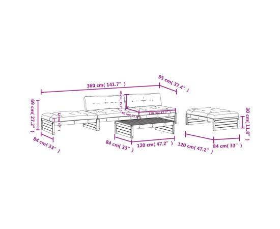 Set mobilier de grădină cu perne, 5 piese, alb, lemn masiv, 8 image