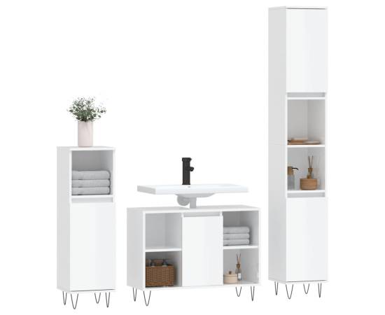Set mobilier de baie, 3 piese, alb extralucios, lemn compozit, 3 image