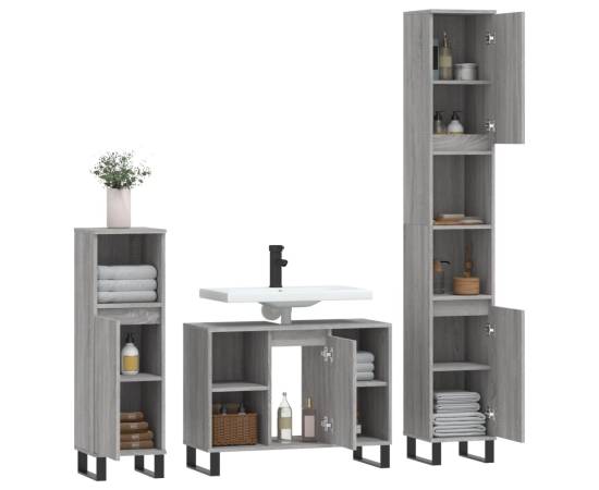 Set mobilier de baie, 3 piese, gri sonoma, lemn prelucrat, 4 image