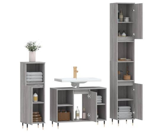 Set mobilier de baie, 3 piese, gri sonoma, lemn prelucrat, 4 image