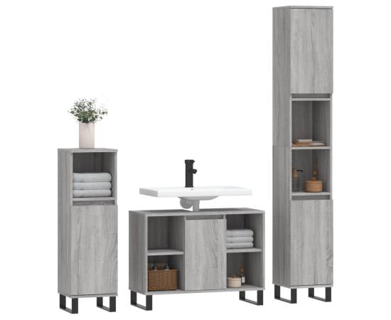 Set mobilier de baie, 3 piese, gri sonoma, lemn prelucrat, 3 image