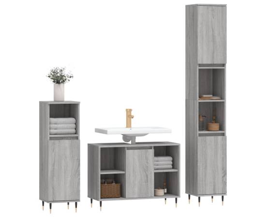 Set mobilier de baie, 3 piese, gri sonoma, lemn prelucrat, 3 image