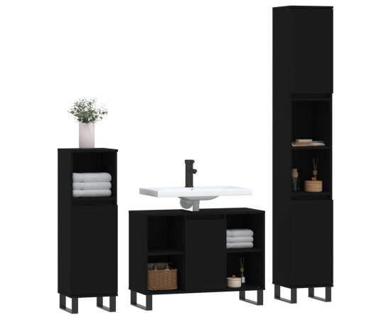 Set mobilier de baie, 3 piese, negru, lemn compozit, 3 image