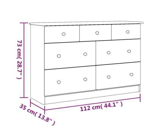 Comodă cu sertare alta, alb, 112x35x73 cm, lemn masiv de pin, 8 image