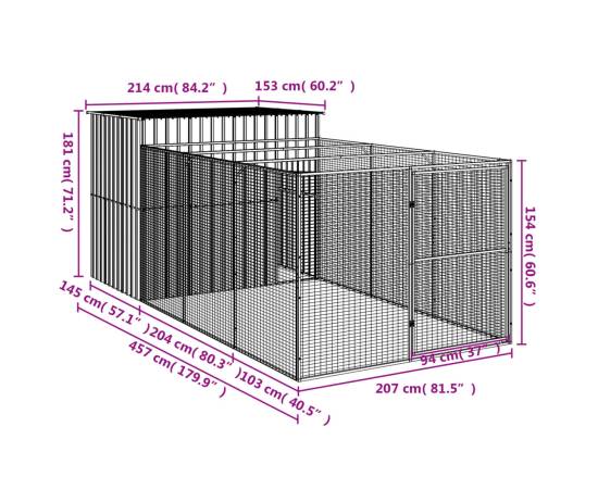 Cușcă de câine cu țarc antracit 214x457x181 cm oțel galvanizat, 9 image