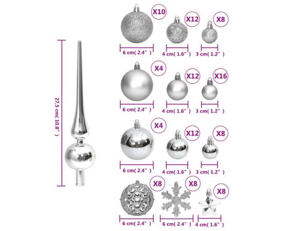Set globuri de crăciun 111 buc., argintiu, polistiren, 10 image