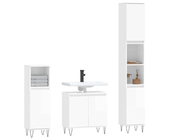 Set dulapuri de baie, 3 piese, alb extralucios, lemn prelucrat, 3 image