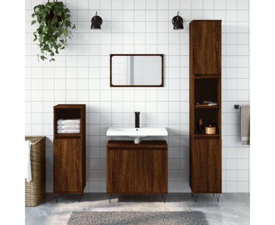Set dulapuri de baie, 3 piese, stejar maro, lemn prelucrat
