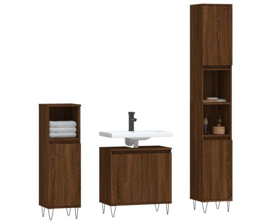 Set dulapuri de baie, 3 piese, stejar maro, lemn prelucrat, 3 image