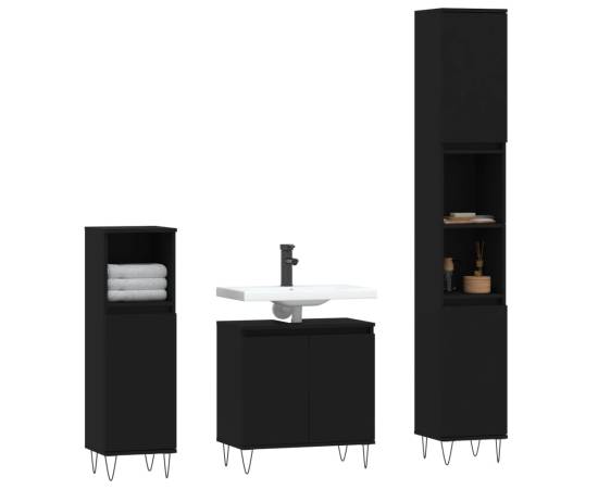 Set dulapuri de baie, 3 piese, negru, lemn prelucrat, 3 image