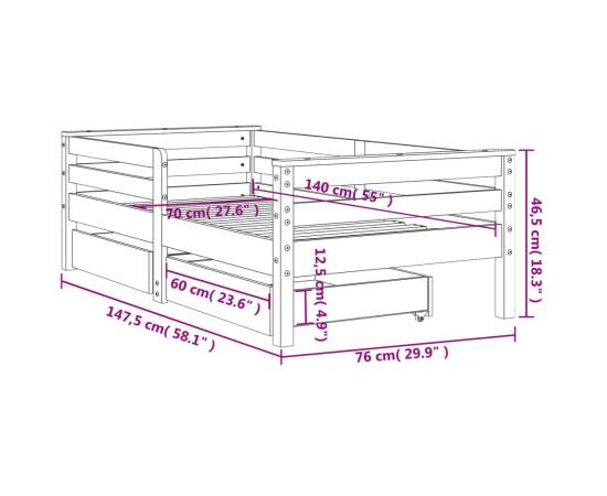 Cadru de pat copii cu sertare, alb, 70x140 cm, lemn masiv pin, 11 image