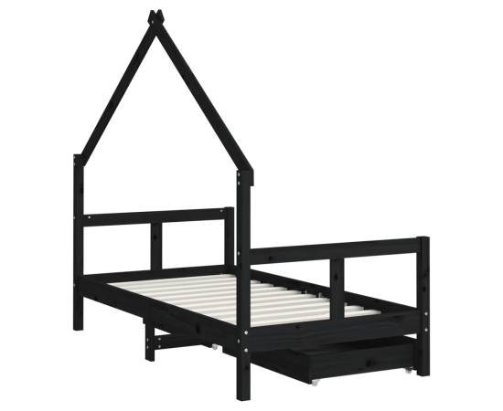 Cadru de pat copii cu sertare, negru, 80x160 cm, lemn masiv pin, 7 image