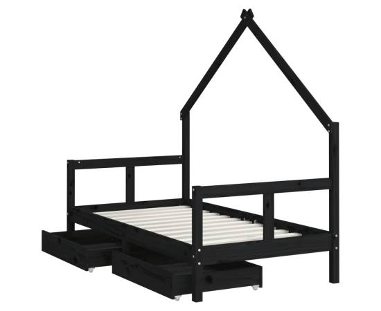 Cadru de pat copii cu sertare, negru, 80x160 cm, lemn masiv pin, 4 image
