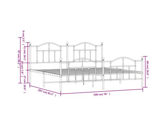 Cadru de pat metalic cu tăblie de cap/picioare, alb, 193x203 cm, 9 image