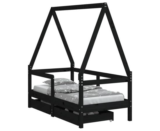 Cadru de pat copii cu sertare, negru, 70x140 cm, lemn masiv pin, 2 image