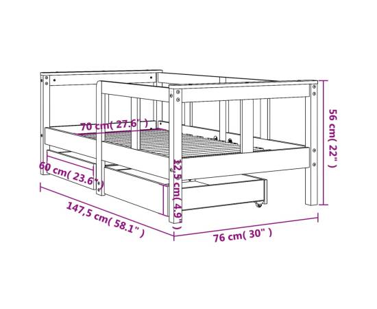 Cadru de pat copii cu sertare, negru, 70x140 cm, lemn masiv pin, 11 image