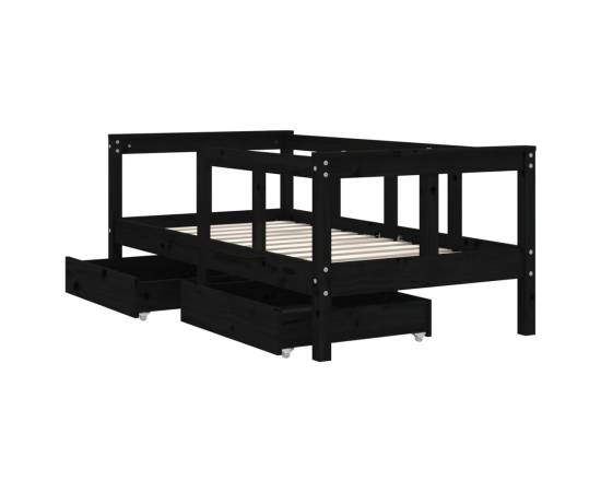 Cadru de pat copii cu sertare, negru, 70x140 cm, lemn masiv pin, 4 image