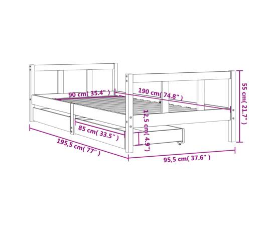 Cadru de pat copii cu sertare, negru, 90x190 cm, lemn masiv pin, 10 image