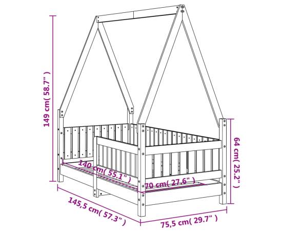 Cadru de pat pentru copii, 70x140 cm, lemn masiv de pin, 10 image