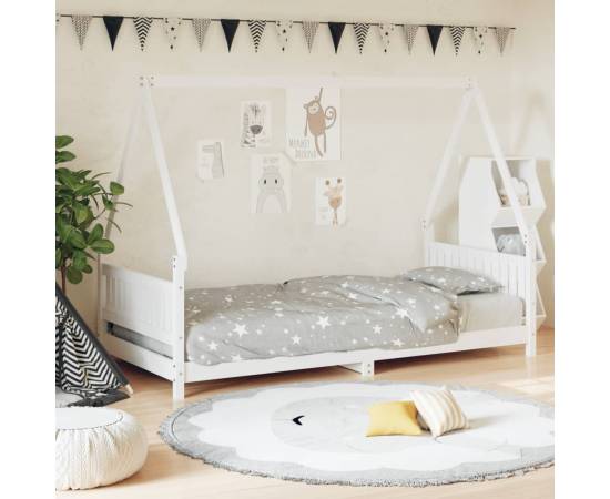 Cadru de pat pentru copii, alb, 90x200 cm, lemn masiv de pin