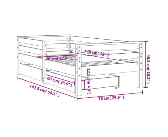 Cadru de pat copii cu sertare, negru, 70x140 cm, lemn masiv pin, 11 image